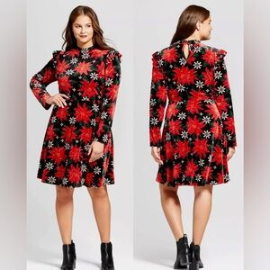 Xhilaration Red and Black Poinsettia Floral Long Sleeve Dress